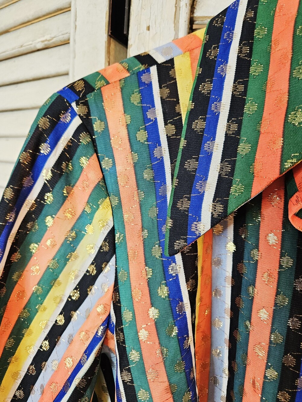 Vintage 70s Dagger Collar Rainbow And Gold Metallic Stripe Blouse Medium - Picture 5 of 16